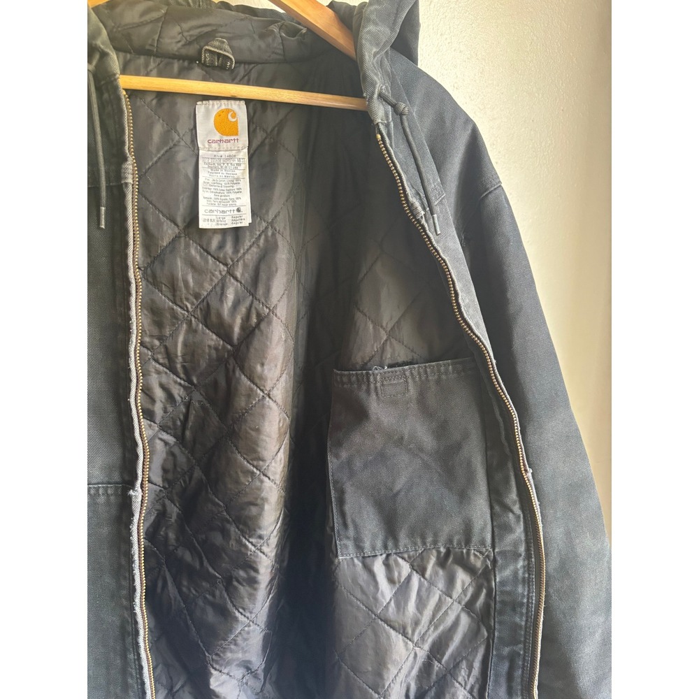 Carhartt J131 BLK Thrashed Faded Black Thermal Lined Duck Hooded Jacket Mens LG - Picture 8 of 11